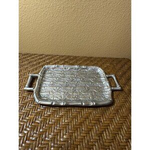 Vintage Mexican Handcrafted Aluminum Serving Tray With Handles Textured Bamboo